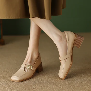 2023 Nova Primavera Mulheres Sapatos Casuais Mary Jane Dedo Do Pé Quadrado Mulheres Bombas De Sapatos De Mulher Chunky Calcanhar Sapatos De Fivela De Cinto Med Saltos