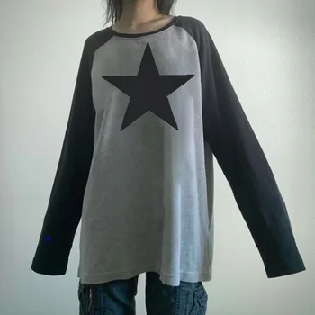 A Impressão estrela Kawaii Y2K Pulôver de T-Shirts Mulheres de Contraste de Retalhos Harajuku Roupas de Manga Longa Mauricinho Gótico Solta Tops 2022