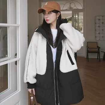 Cordeiro de Lã Mulheres Casaco de Inverno Novo Cordeiro de Lã de Costura Casaco Feminino coreano a Versão Solta Engrossado Zipper Moda de Rua de Cima