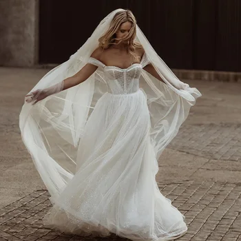Elegante Fora Do Ombro Deslumbrante Frisado Uma Linha de Vestidos de Casamento sem Alças do Manto de Mariee 2022 Feitos