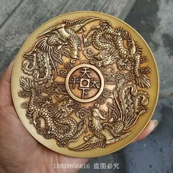Exquisite antique bronze de dragão e phoenix Chengxiang paz mundial placa de cobre pequeno ornamento