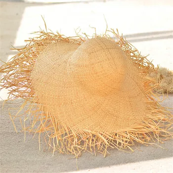 Férias de verão de Ráfia, chapéu de Sol Ins mulher do chapéu de palha boné de Pala de Borla vintage Grande Grande borda de proteção UV chapéus Hepburn