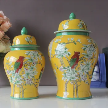 Jingdezhen Cerâmica Gengibre jarra pintada à Mão Amarela Papagaio Pássaro templo jar Decoração Home Office Modelo de Decoração de Quarto de Artesanato