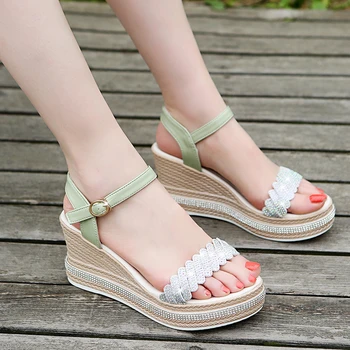 Moda de Sandálias de Verão de Novo Strass salto Alto Fivela de Abrir-dedo-de-ló de Espessura Inferior de Cor Sólida Rodada Toe Sapatos femininos