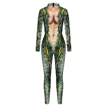 Mulheres Homens Verdes Python Serpente de Impressão 3D Macacão Elástico Apertado Bodysuit de Halloween Trajes Cosplay do Partido Função de Jogar Vestir a Roupa