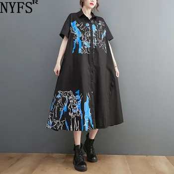 NYFS 2022 Verão Novo Escritório da Senhora a Mulher do Vestido de Vestidos Manto Elbise Solta de Algodão de Manga Curta, Camisa de Impressão Vestidos