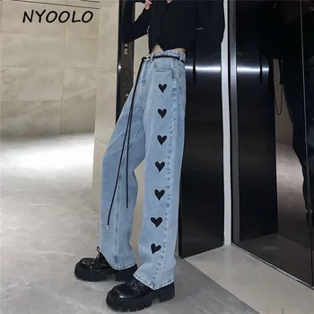 NYOOLO Harajuku Streetwear Amor do Coração de Cintura Alta Lavado calça Jeans Reta Mulheres Primavera, Outono de Comprimento Total Namorado de Jeans, Calças