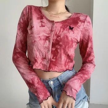 O coreano Moda Tie-dye Gráfico T-shirts, Tops Sexy Umbigo Onda do Lado do Bordado Manga Longa, Botão Casaquinho de Mulheres de Roupas Casuais