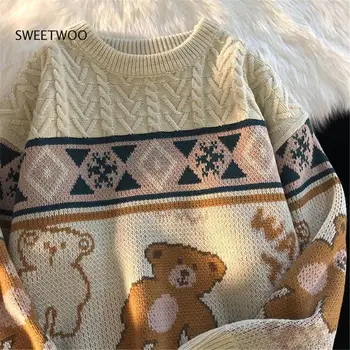 Urso Bonito Tops Oversize Homens High Street Suéter De Tricô Tops Outono Pulôver Solta Harajuku Kawaii Mulheres Brancas Casal Blusas