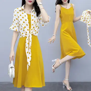 Verão Casual Bolinhas Casaco Amarelo + Elegante Simples Botão Mulheres Midi Vestido De Alça De 2 Conjuntos De Peças Femininas Senhora Terno D58