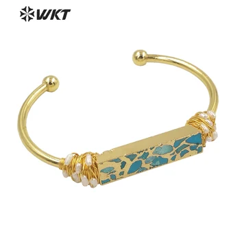 WT-B581 Aquisição Natural de pedra AZUL pulseira com fio de ouro conexão ferida de abertura ajustável pulseira de senhora presente