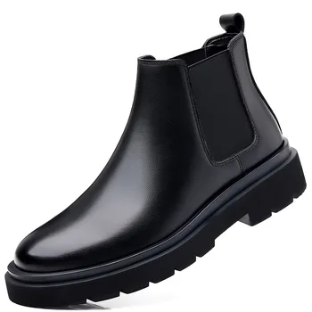 mens casual, escritório de negócios vestido formal chelsea botas de cabedal preto sapatos de cowboy ankle boot bonito plataforma de botas homem